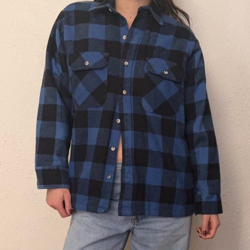 Vintage 60s Blue and Black Plaid  Thick Button Down Flannel Shacket